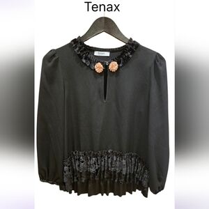 Tenax Made In Italy Black Velvet Ruffle Trim Blouse Sz 42 It /6 Us